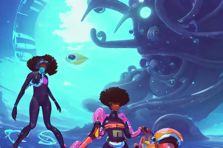 Image similar to afro - futurist scuba divers swimming away from a one - eyes tentacled monster | hyperrealistic digital painting by makoto shinkai, ilya kuvshinov, lois van baarle, rossdraws | afrofuturism in the style of hearthstone and overwatch, trending on artstation