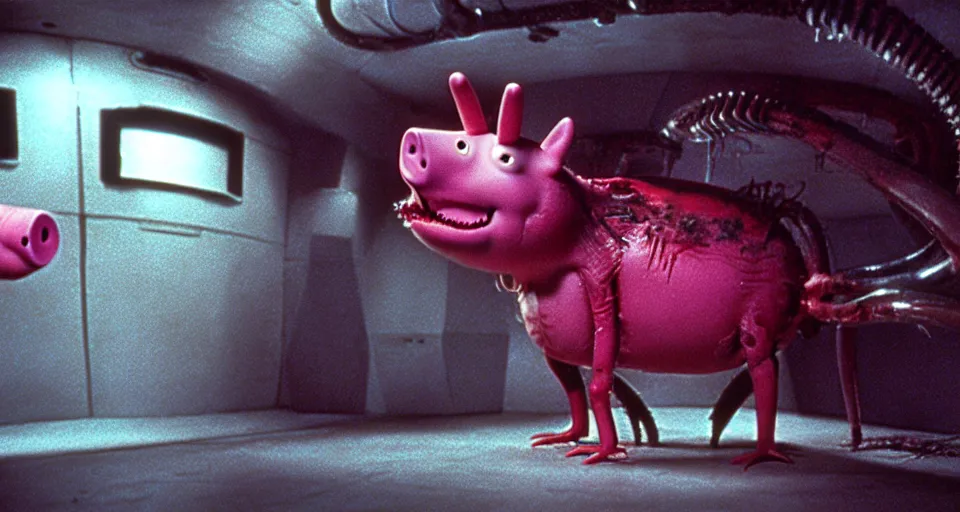 Image similar to peppa the pig infected by xenomorph from movie alien 1 9 7 9, staying at nostromo spaceship. extreme long shot, 4 k, cinestill, giger, hermann nitsch, dark colors