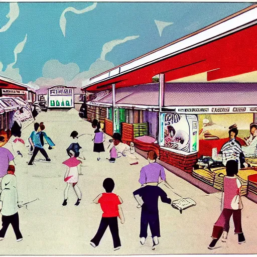 Image similar to A 1980s poster of a hawker centre and mushroom cloud