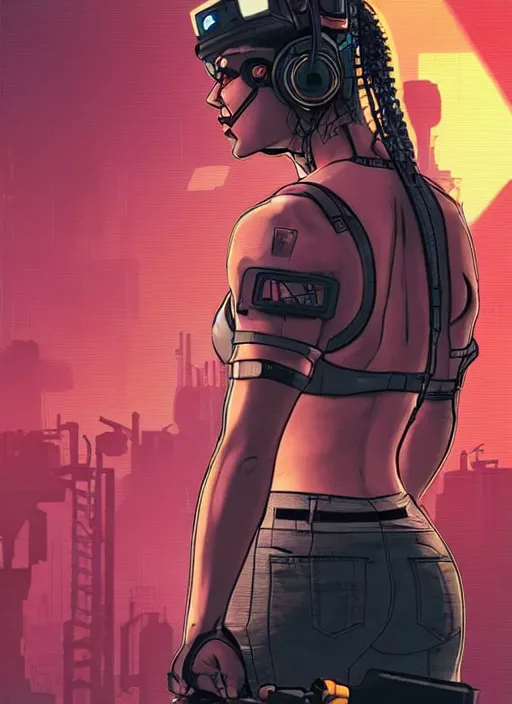 Image similar to Buff Maria. Female cyberpunk meathead wearing a cyberpunk headset. gorgeous face. Realistic Proportions. Concept art by James Gurney and Laurie Greasley. Moody Industrial skyline. ArtstationHQ. Creative character design for cyberpunk 2077.