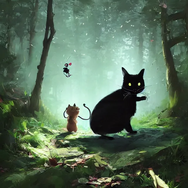 Image similar to a beautiful painting of a cute black cat catching a mouse in a forest. character design by cory loftis, fenghua zhong, ryohei hase, ismail inceoglu and ruan jia. artstation, volumetric light, detailed, photorealistic, rendered in octane