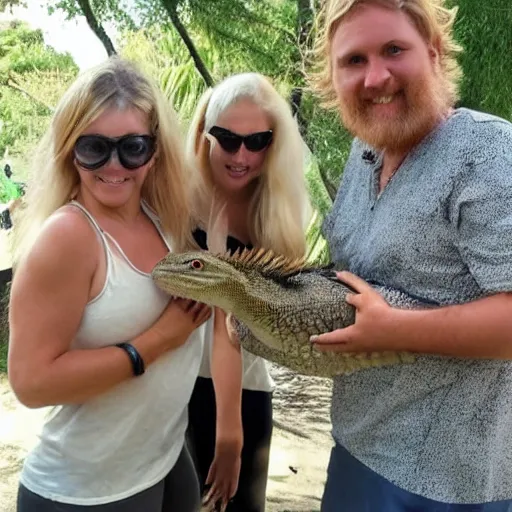 Image similar to a giant bearded dragon hanging out with blonde hair women