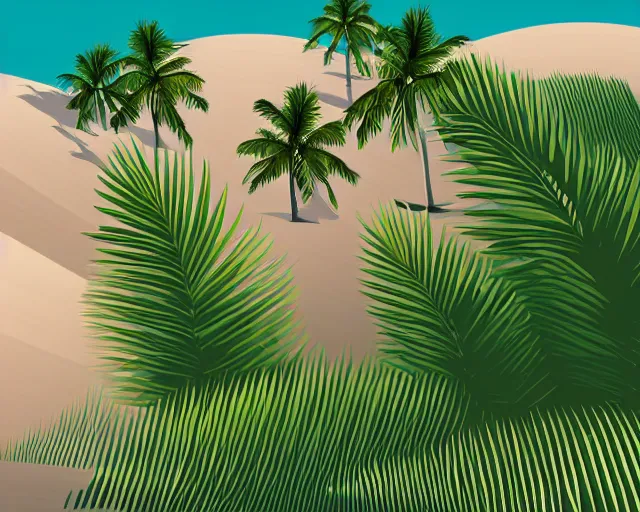 Image similar to low poly vector illustration, wide angle shot of a tropical beach, green dunes, calm shore, noon, cinematography by jim jarmusch