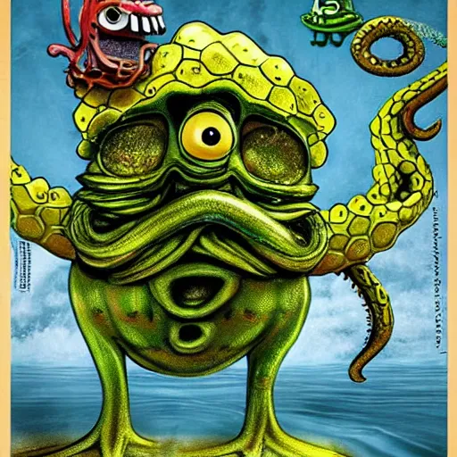 Image similar to spongebob bodybuilder Cthulhu hybrid, photorealistic, high-definition, action movie poster