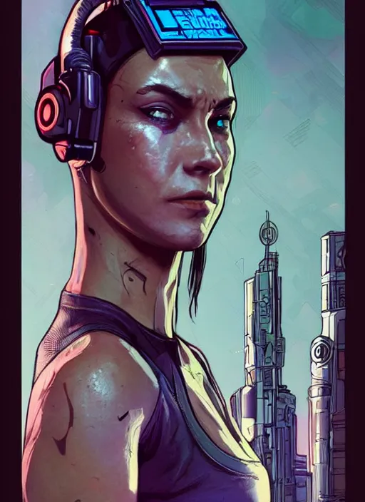 Image similar to Buff Maria. Female cyberpunk meathead wearing a cyberpunk headset. gorgeous face. Realistic Proportions. Concept art by James Gurney and Laurie Greasley. Moody Industrial skyline. ArtstationHQ. Creative character design for cyberpunk 2077.