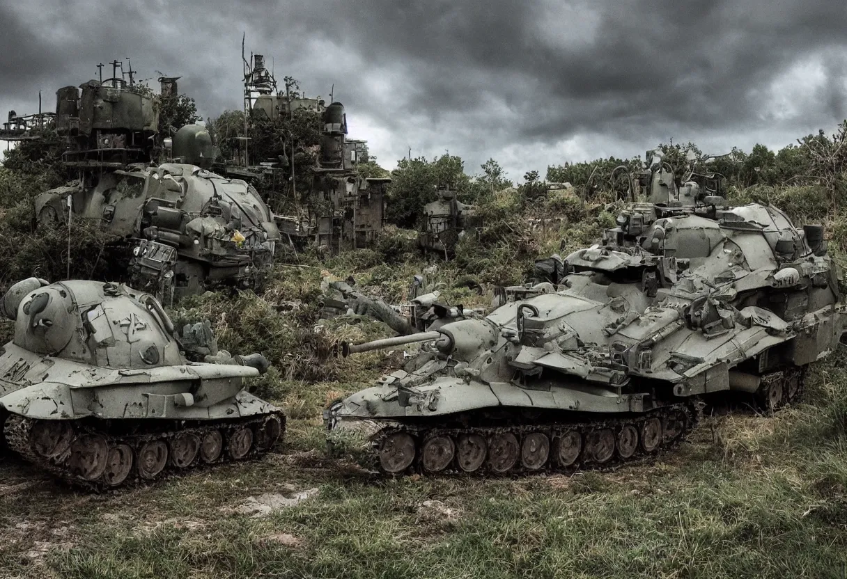 Image similar to my neighbor totoro tank, post apocalyptic style. fox holes. colorized, shot on film, wide angle, stormy sky, lightning