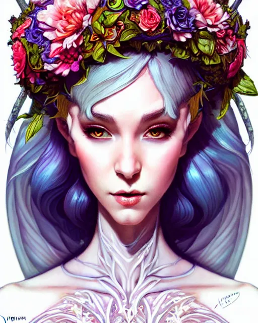 Image similar to digital art, centered full body elven bride with short hair, vivid flower crown ,intricate, veins, by James Jean and by artgerm, by ross tran , ultradetailed, charachter design, concept art, trending on artstation,