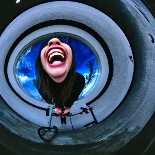 Prompt: fish eye of a laughing person, close photo, dark lighting
