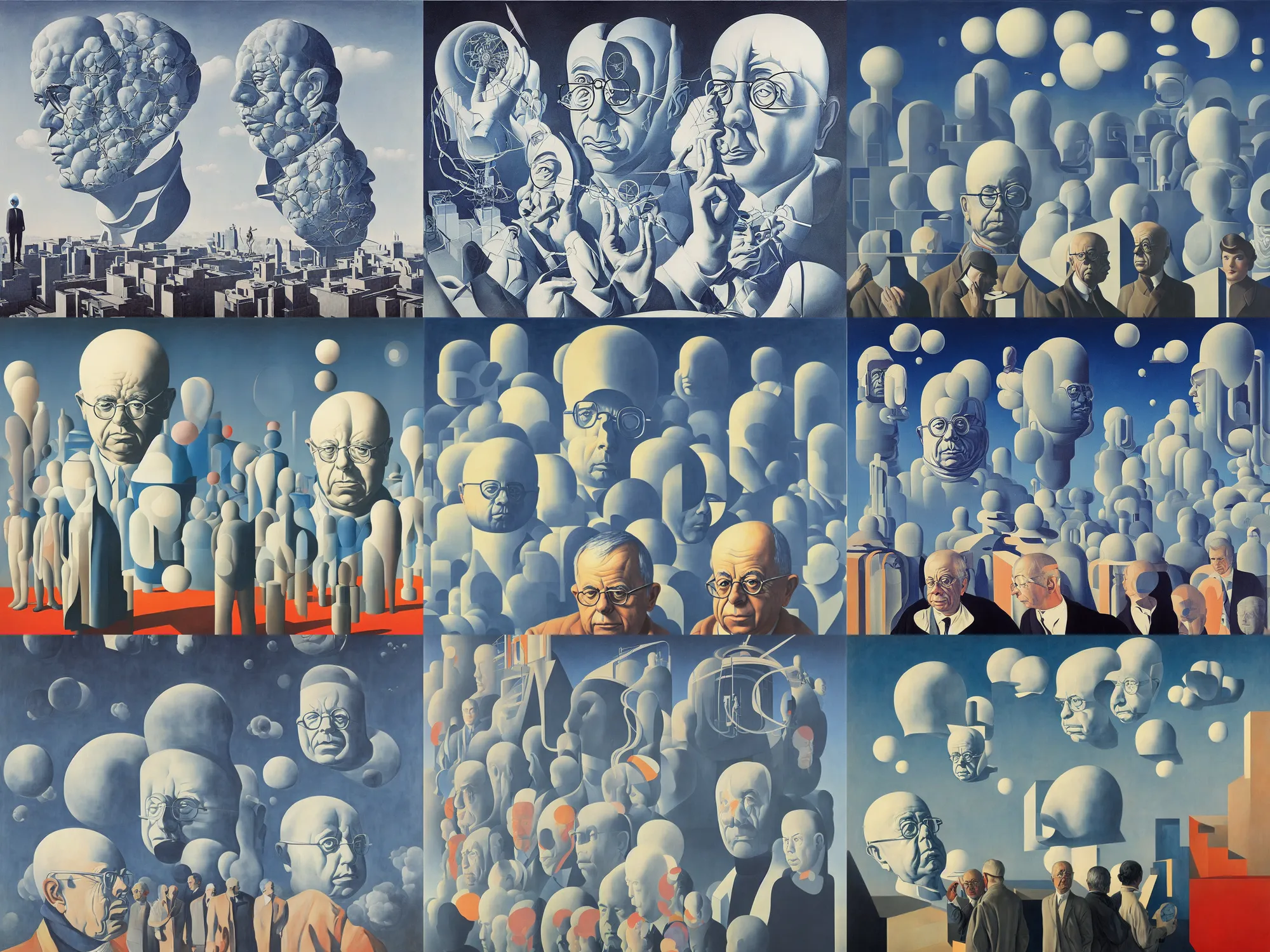 Prompt: the giant head of stanislaw lem is hovering above the futurological congress, painted by james jean and rene magritte