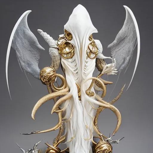 Image similar to angelarium, illithid, cthulhu, white with gold accents, sculpture by ellen jewett