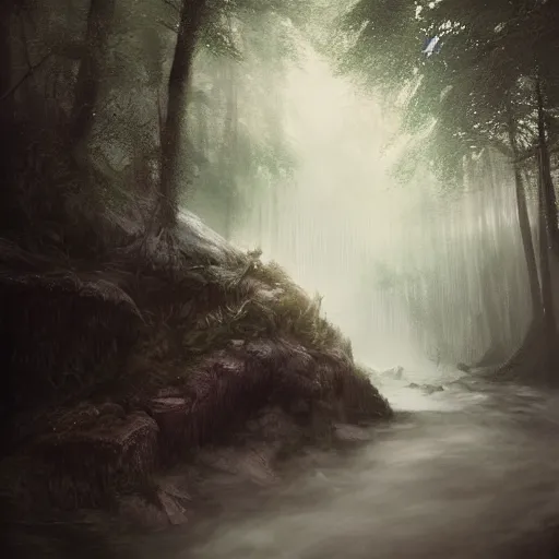 Image similar to forest child in a river, leesha hannigan, ross tran, fantasy, light, highly detailed faces, artwork, fog, forest