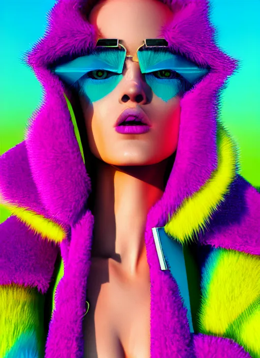 Image similar to stylish coat for a rave, bright colors, many details, prints, photo for a magazine, photo for a store, fashion photography, Vogue, 135 mm, cinematic, hyper realism, high detail, octane render, 8k, chrome accents, very coherent symmetrical artwork, perfect face model, full length photo, Upper and lower body, light skin tone