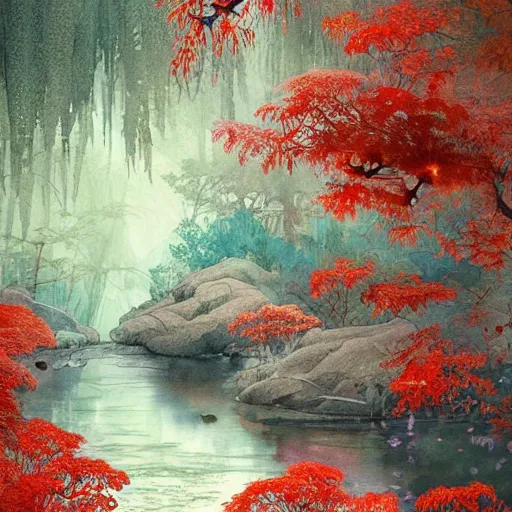 Image similar to a beautiful and inspiring intricate watercolor illustration inside a river, red robin trees forming a tunnel, 4 k, ultra - wide angle, by william turner, by victo ngai, by alphonse mucha, by miho hirano, hd, trending on artstation, hyper detailed, muted colors, inspiring, beautiful, paradisiac