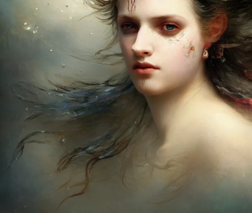 Image similar to three-quarters portrait with papery flaking skin, piercing multi-colored eyes, underwater flowing hair, dreams of the fae; painted in oil on canvas; highly detailed surrealism by Aleksi Briclot and Ivan Aivazovsky; 8k; masterpiece, award-winning, sharp focus, artstation