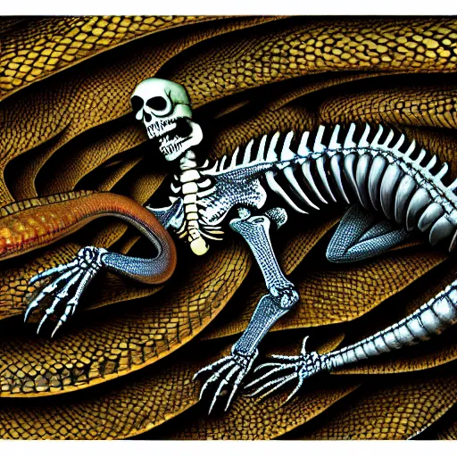 Image similar to a matte oil painting of a skeleton that is made out of lizard scales, dnd art, reptile skin, serpent, bones, 4 k image clear, crisp, sharp