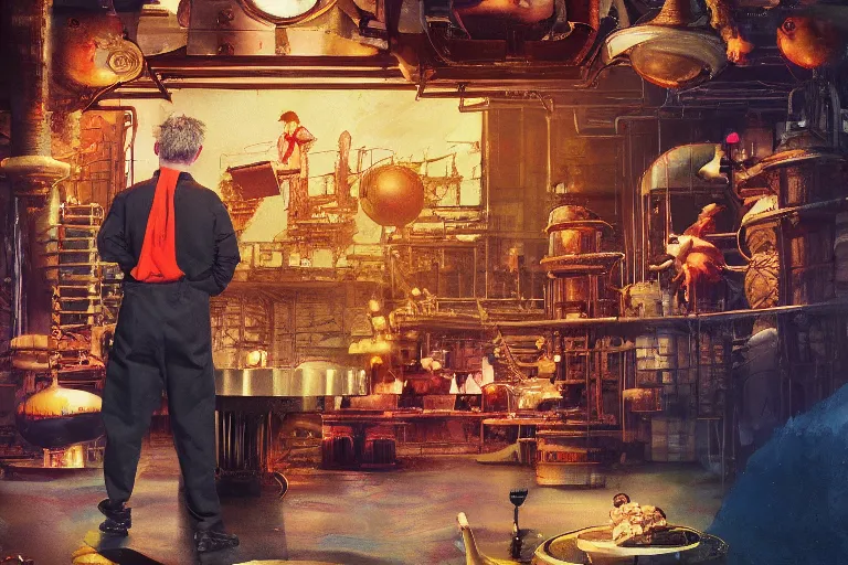 Prompt: A mixed media painting of gordon ramsay inspecting willy-wonka\'s chocolate factory on kitchen nightmares, by Frank Frazetta, Greg Rutkowski, Beeple, post-processing, low angle, masterpiece, cinematic, isometric, volumetric lighting