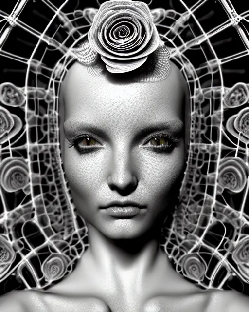 Image similar to mythical dreamy black and white organic bio - mechanical spinal ribbed profile face portrait detail of translucent steampunk beautiful female angelic - human - queen - vegetal - cyborg, highly detailed, intricate crystal ivy jelly ornate, poetic, translucent roses ornate, 3 d render, digital art, octane render, 8 k artistic photography, photo - realistic, by dora maar