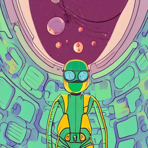 Image similar to a portrait of pilot alien symbiotic in spacesuit on field forrest spaceship station landing laying lake artillery outer worlds in FANTASTIC PLANET La planète sauvage animation by René Laloux
