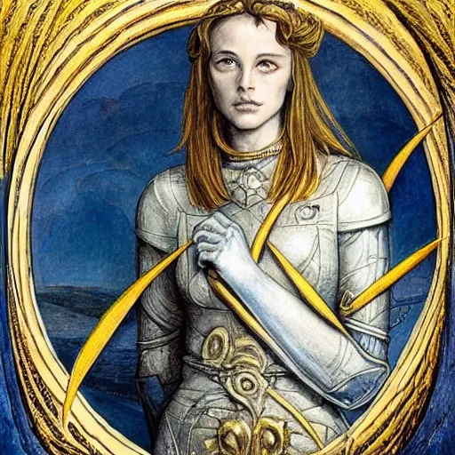 Image similar to most beautiful jeanne d'arc in the style of william blake, terese nielsen, detailed, intricate, beautiful faces, steve argyle, loss of sanity, ecclesial wolf's den pastoral fantastic reality