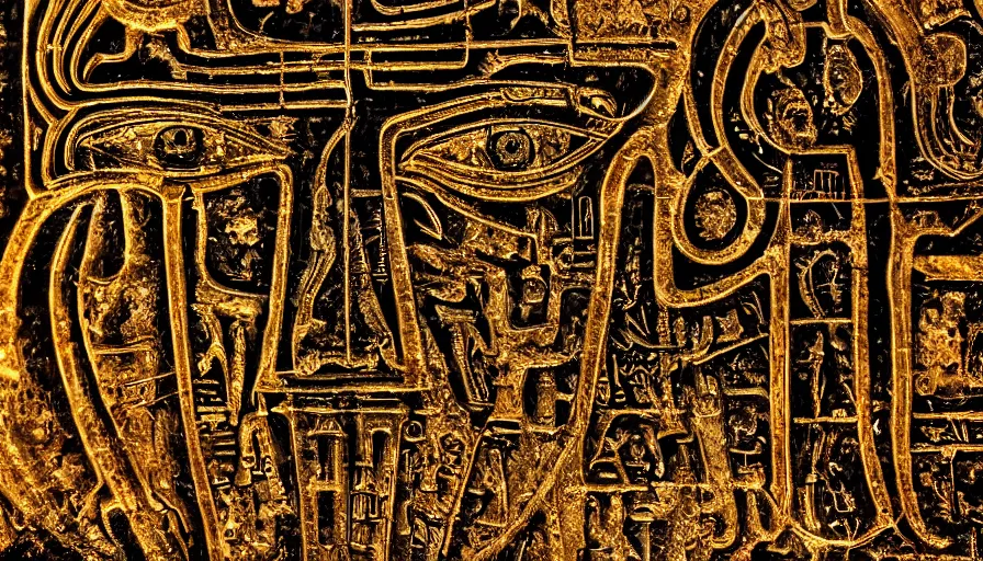 Image similar to h. r. giger hieroglyphs, sorrow intense likely, gold plated, sense of decay given, throw into the abyssal despair, various refining techniques, micro macro auto focus, top photography photo art gallery, realistic photo, insane detail