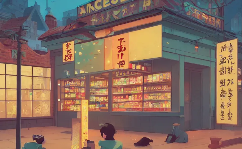 Prompt: an asian convenience store mythical magical scene illustration by atey ghailan and escher and edward hopper