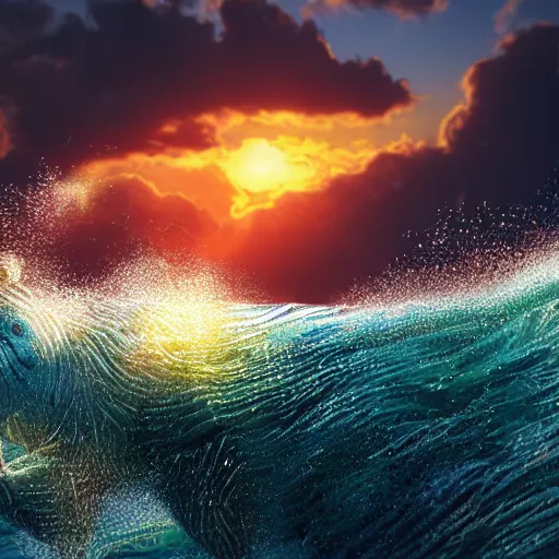 Prompt: a closeup photorealistic photograph of a happy knitted tiger hippopotamus riding a large wave during sunset. surf in the background. professional capture. brightly lit scene. this 4 k hd image is trending on artstation, featured on behance, well - rendered, extra crisp, features intricate detail, epic composition and the style of unreal engine.