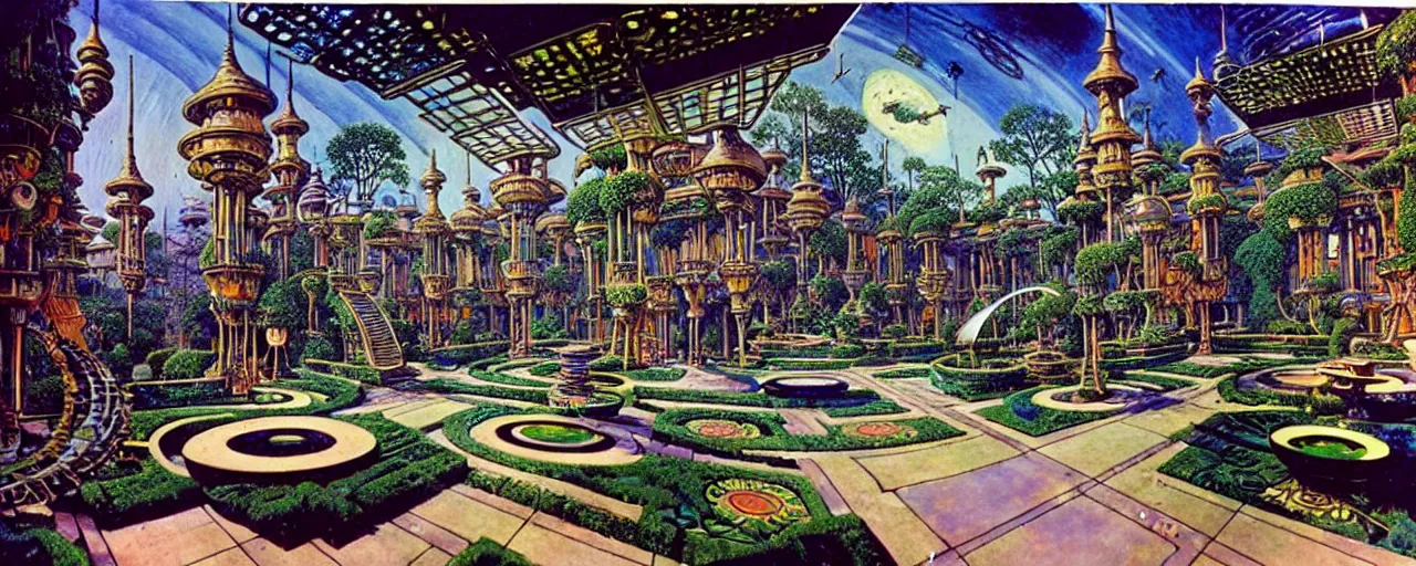 Image similar to a luxurious scifi futuristic victorian garden courtyard by robert mccall, killian eng, moebius, philippe druillet