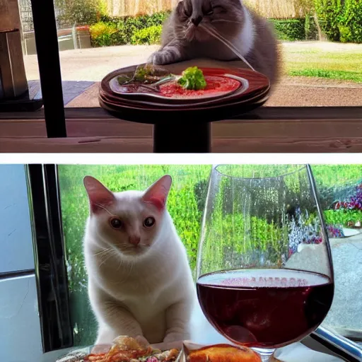 Image similar to chonky cats living lavish life drinking wine eating at the restaurant