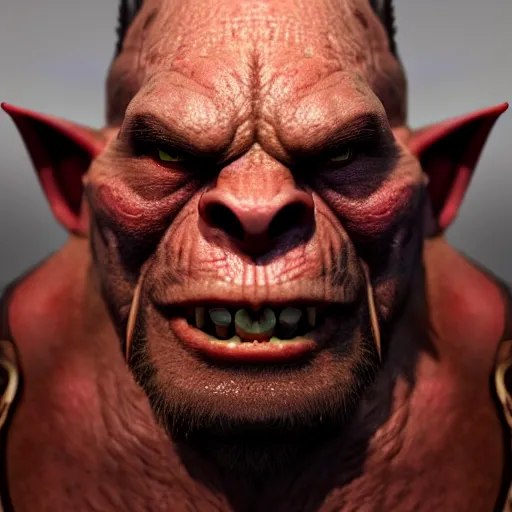 Prompt: An orc staring into the camera, head-to-shoulder, leering, ugly, artstation, realistic, highly detailed, symmetrical, hyper realism, high detail, octane render, unreal engine, 8k, Vibrant colors, by Alex Flores, by Laurel D Austin, by Dave Rapoza