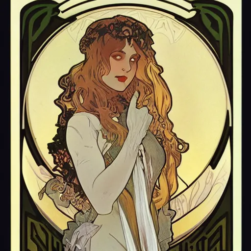 Image similar to Illustration by Alphonse Mucha of a female vampire