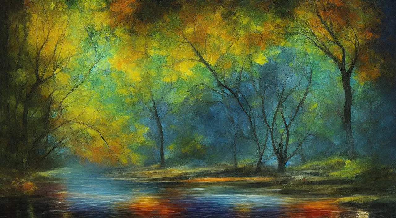 Image similar to A beautiful, highly detailed, very realistic oil painting of a single tree with rainbow leaves, next to a small river, glowing bright blue in the middle of a huge, very dark cave, with lots of dark grey rocks, oil painting by Afremov and Greg Rutkowski.