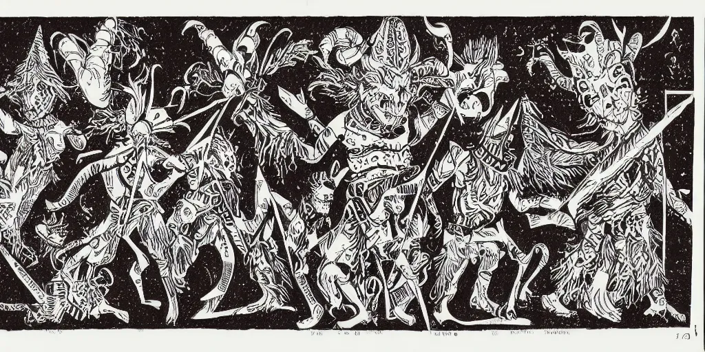 Image similar to scan of book with intricate geometrical and patterned ink drawings of tyrolean folklore masks, krampus, folklore, dance, dolomites, scary dark, dark ink, old paper