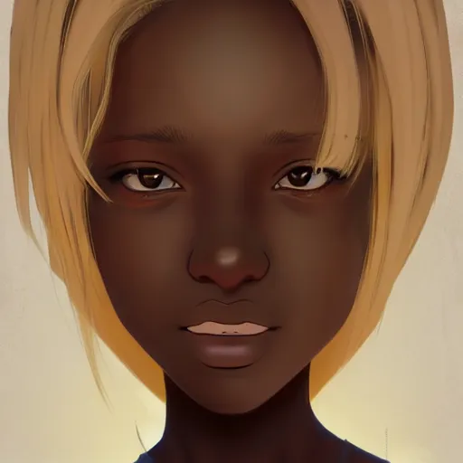 Image similar to portrait of a dark skinned angel with blonde hair, highly detailed, digital painting, artstation, matte, by makoto shinkai, animation style, studio ghibli, anime key visual