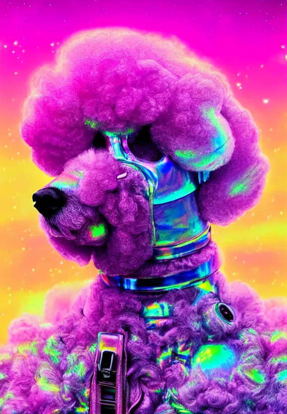 Image similar to a beautiful portrait of a poodle in a galactic iridescent spacesuit, holographic, synthwave color palette, cinematic, volumetric fog, risographic, digital art, 4 k, vintage sci - fi, inspired by moebius, inspired by thimbwhite, inspired by h. r. giger