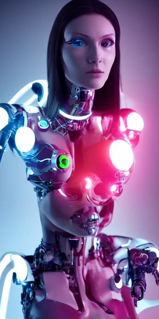 Prompt: a beautiful female cyborg humanoid brunette neon lighting 4 k render 8 5 mm