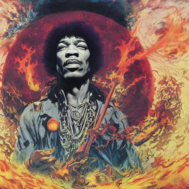 Prompt: jimi hendrix standing in a circle at the beginning of the world by greg rutkowski and frank frazetta and peter mohrbacher and william blake and dan mumford