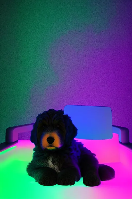 Image similar to a cute bernedoodle puppy sitting in gaming chair + neon rgb light strips, large computer monitor, space themed walls, vaporwave, dramatic, confident, rule of thirds, 4 k, award winning, octane render, volumetric lighting