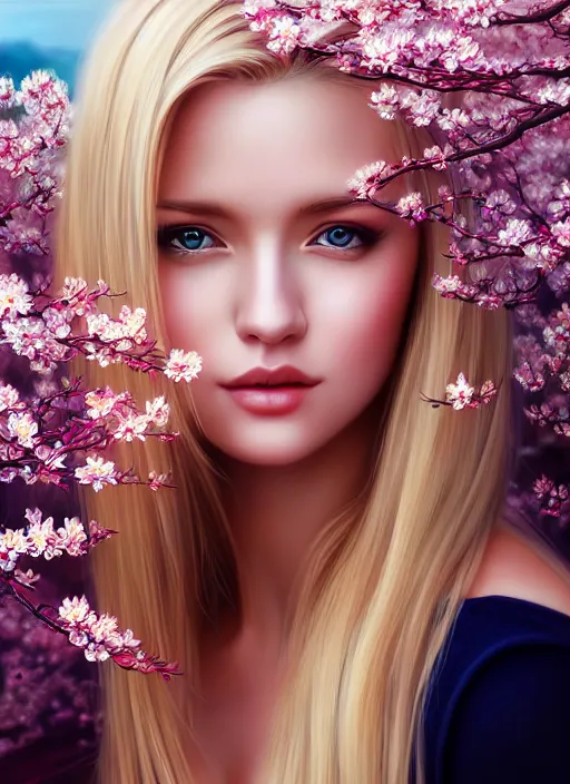 Image similar to photo of a gorgeous blonde female in the style of stefan kostic, realistic, half body shot, sharp focus, 8 k high definition, insanely detailed, intricate, elegant, art by stanley lau and artgerm, extreme blur cherry blossoms background