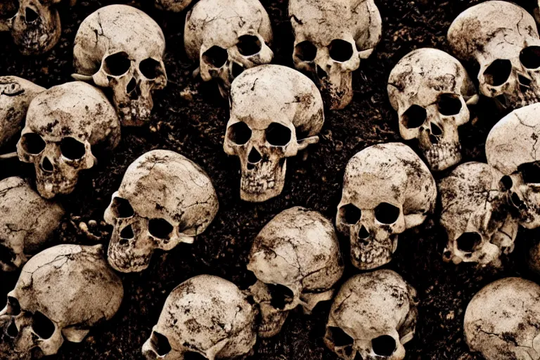 Image similar to A pile of human skulls on the dry cracked dirt ground, HD, 8k, cinematic shot, highly detailed, low saturation