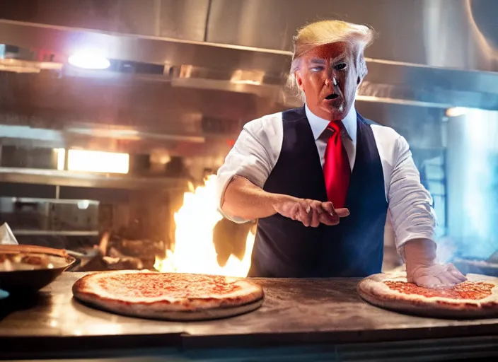 Image similar to film still of trump making a pizza in the new avengers movie, 4 k