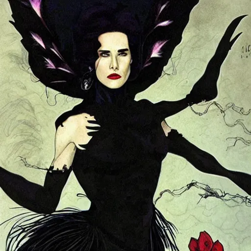 Image similar to jennifer connelly as odile, gothic dark fae disney villain with black feathers instead of hair, girlboss, dominant, zero g, feathers growing out of skin, pulp sci fi, mike mignola, david mack, romantic, comic book cover, vivid, beautiful, illustration, highly detailed, oil painting