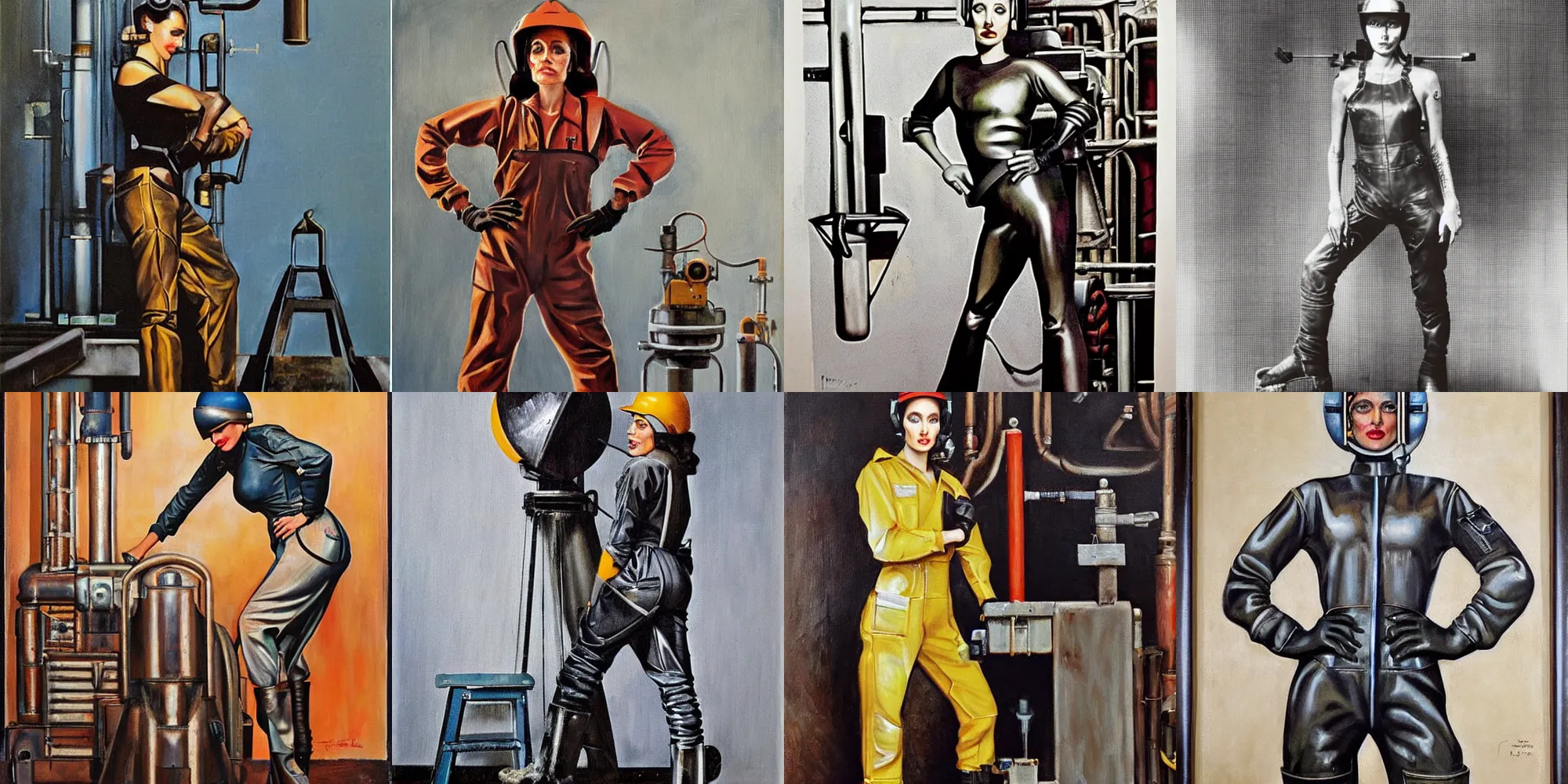 Prompt: symmetrical oil painting of full - body angelina jolie posing in steelworker welder costume by percevel rockwell - 1 9 3 0 s