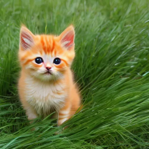 Prompt: cute fluffy orange tabby kitten, grass