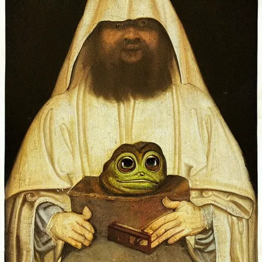 Prompt: a church medieval portrait painting of elder pepe the frog, in the style of rembrandt van rijn and neo - baroque