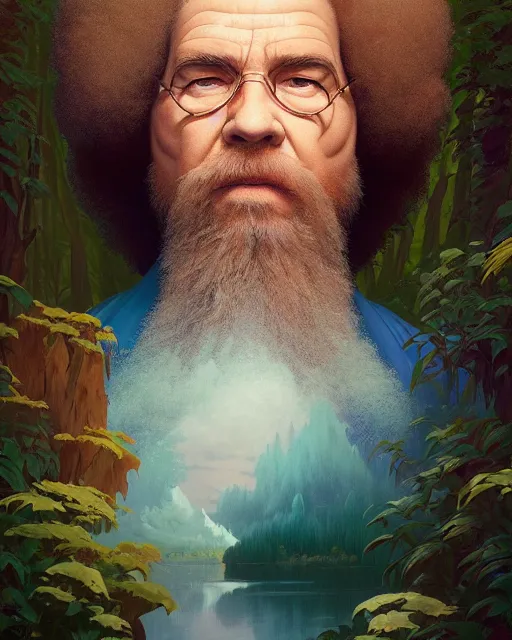 Image similar to highly detailed surreal vfx portrait of a sacred bob ross, stephen bliss, unreal engine, greg rutkowski, loish, rhads, beeple, makoto shinkai and lois van baarle, ilya kuvshinov, rossdraws, tom bagshaw, alphonse mucha, global illumination, detailed and intricate environment