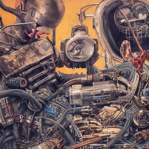 Image similar to junky men repair himself, cybertronic gadgets and vr helmet, flesh + technology, durty colours, rotten textures, rusty shapes, ralph meyer, biotechnology, norman rockwell, viktor safonkin, dariusz zawadzki, bruce pennington, larry elmore, intricate details, hyperrealistic oil painting on canvas, deep depth field