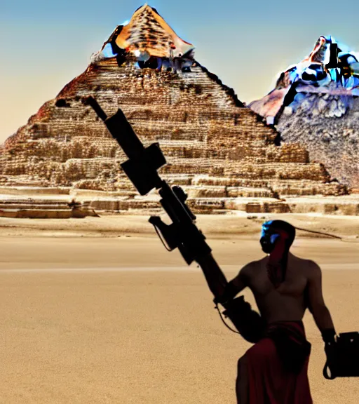 Image similar to a beefy man with a machine gun, egyptian pyramid in the background, 4 k, sharp focus, illustration, highly detailed, cinematic, photorealistic, cyberpunk