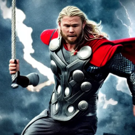 Prompt: a photo of Thor getting hit by his hammer, Parti