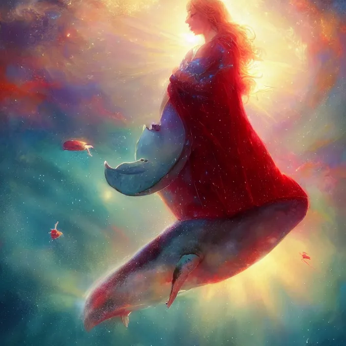 Image similar to glimmering whale, young girl in red dress, cosmos, milky way galaxy, golden hour, god rays, coral reef, dreamscape by artgerm and ruan jia and ismail inceoglu and greg olsen, masterpiece, beautiful, intricate, elegant, highly detailed