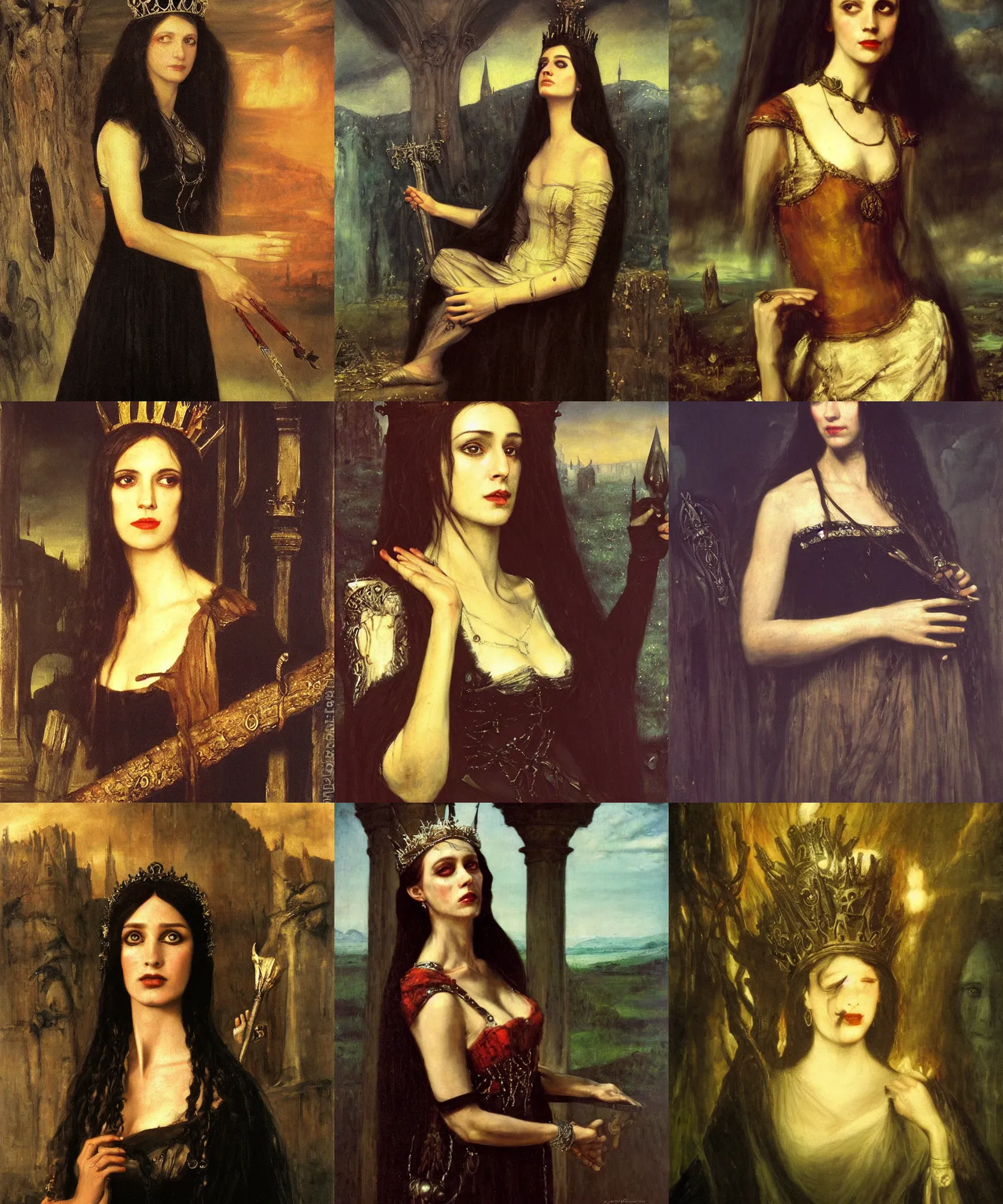Prompt: The portrait of Lady in black wax crown by Arnold Böcklin, dark fantasy, witcher, very detailed oil painting, masterpiece, 8k